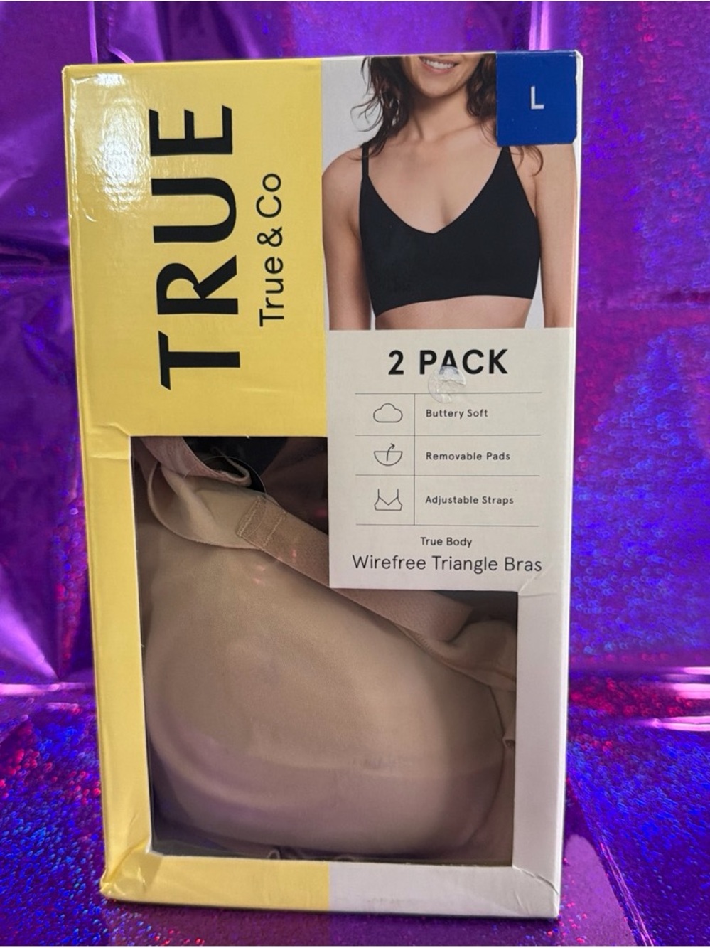 True & Co. 2-Pack Wirefree Triangle Bras in Black and Nude